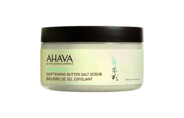 AHAVA Dead Sea Salt Softening Butter Salt Scrub in weißem Behälter mit schwarzem Deckel, 250g.