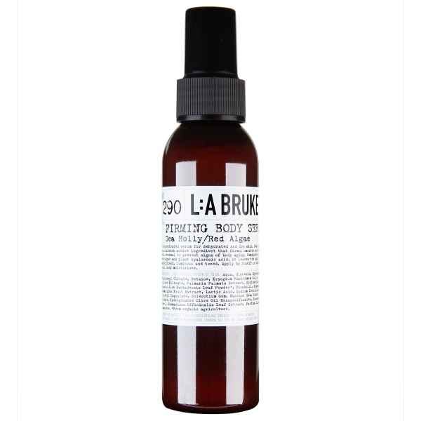 L:A Bruket Firming Body Serum mit Meeresalgen und Seeigel in brauner Flasche mit schwarzem Deckel.