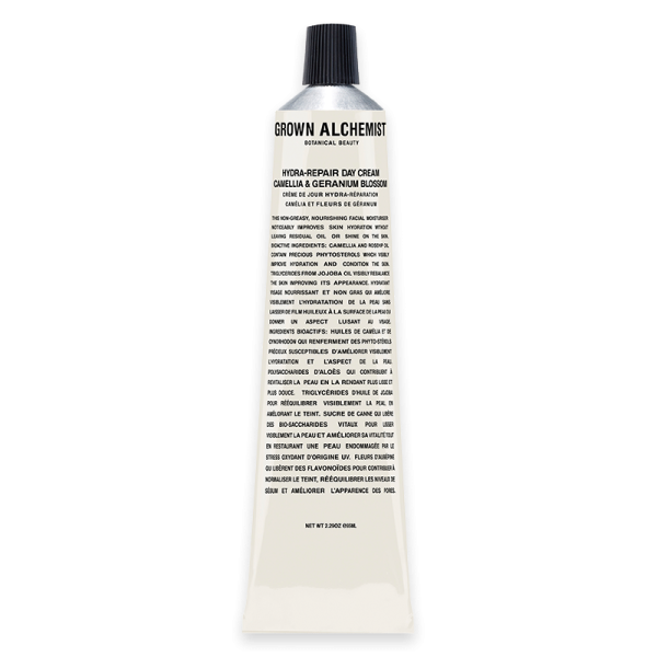 Grown Alchemist Hydra-Repair Day Cream 65mL in einer weißen Tube mit schwarzem Deckel und schwarzer Schrift.