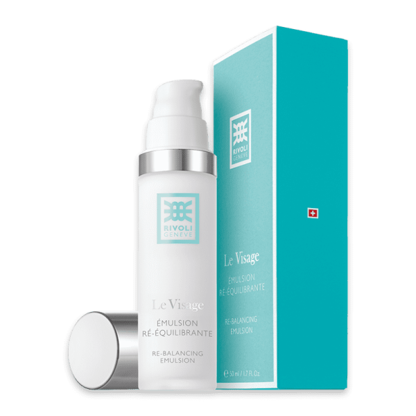 Rivoli Genève Le Visage Emulsion Re-Equilibrante, 50 ml Flasche und Verpackung, auf weißem Hintergrund.