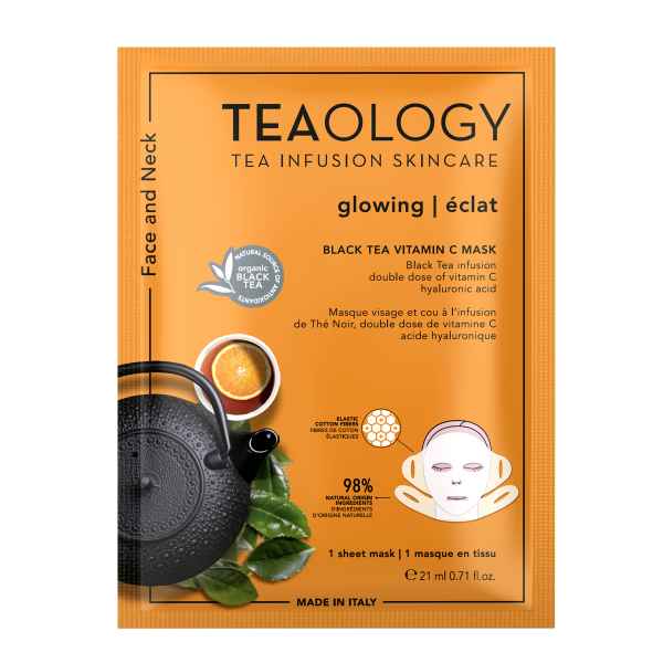 TEAOLOGY Black Tea Vitamin C Maske, 21 ml, für Gesicht und Hals, mit Teekanne und Teeblättern auf der Verpackung.