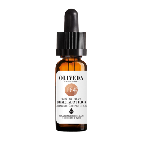 OLIVEDA F64 Corrective Eye Elixier Hydroxytyrosol in brauner Flasche mit Pipette.