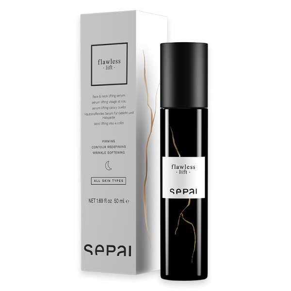 Flasche und Verpackung des 'Flawless Lift' Serums von Sepai, 50 ml, für alle Hauttypen, straffend und faltenreduzierend.