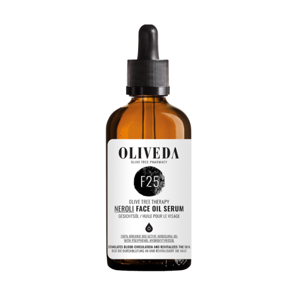 OLIVEDA F25 Gesichtsöl Neroli Rejuvenating in brauner Glasflasche mit Pipette.