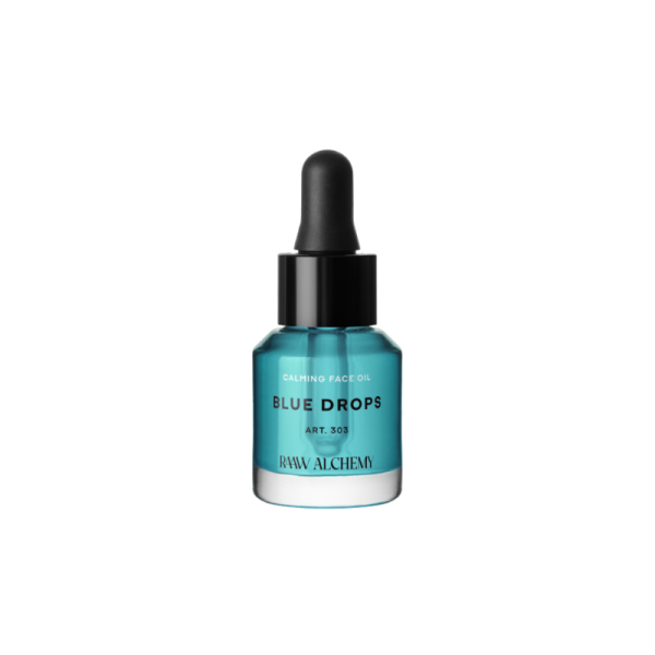 RAAW Alchemy Blue Drops Gesichtsöl in Reisegröße, blaues Fläschchen mit Pipette, Produktbild.
