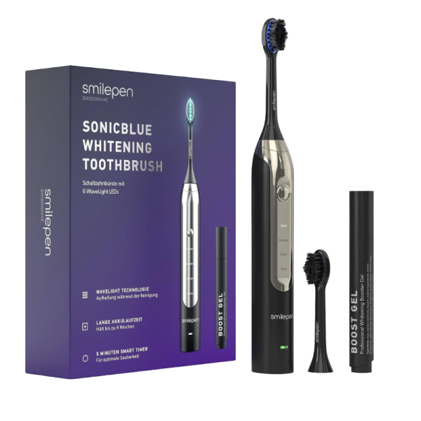Smilepen Sonicblue Schallzahnbürste mit Wavelight-Technologie, Boost Gel und Ersatzbürstenkopf vor Verpackung.