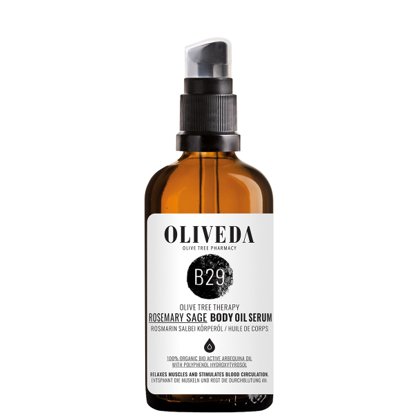 OLIVEDA B29 Körperöl-Serum Rosmarin Salbei 100ml, braune Glasflasche mit Pumpspender.