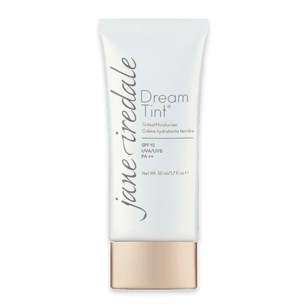 Jane Iredale Dream Tint getönte Feuchtigkeitscreme SPF 15, 50 ml Tube auf weißem Hintergrund.