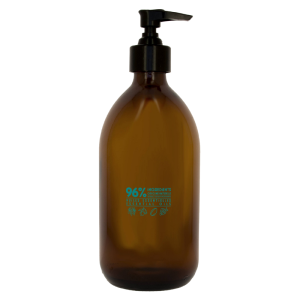 Braune Flüssigseife in einer 300ml Flasche mit Pumpverschluss, Aufschrift '96% natürliche Inhaltsstoffe'.