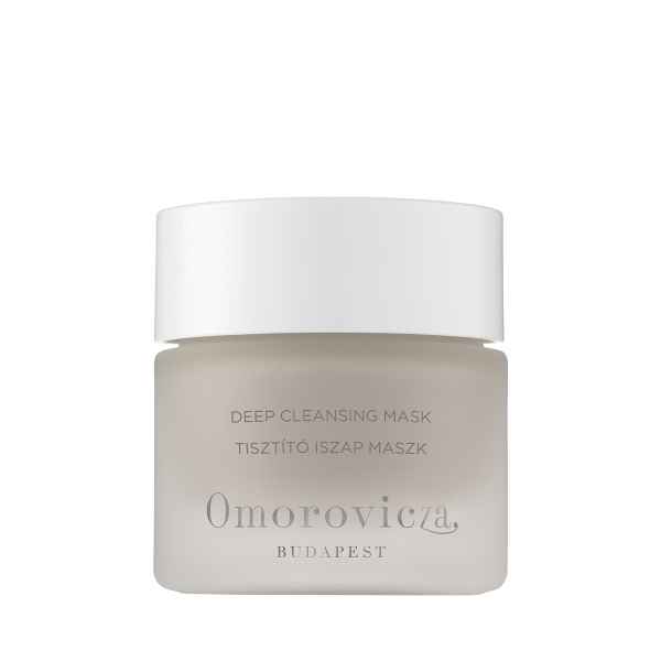 Ein Glasbehälter mit Omorovicza Deep Cleansing Mask, weißer Deckel, ungarische und englische Beschriftung.