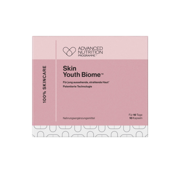 Verpackung von 'Skin Youth Biome' Nahrungsergänzungsmittel für strahlende Haut, 10 Kapseln, Advanced Nutrition Programme.