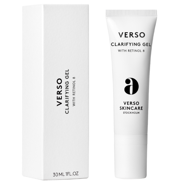 VERSO Clarifying Gel mit Retinol 8, 30ml Tube neben Verpackung.
