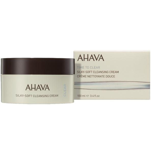 AHAVA Silky-Soft Cleansing Cream, 100 ml, in einer runden Dose neben der Produktverpackung.