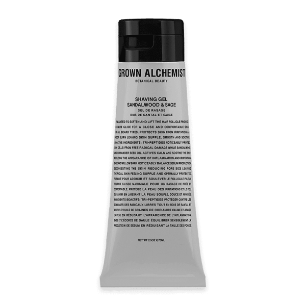 Grown Alchemist Rasiergel Sandelholz & Salbei, 75ml Tube, schwarzer Text auf weißem Hintergrund.