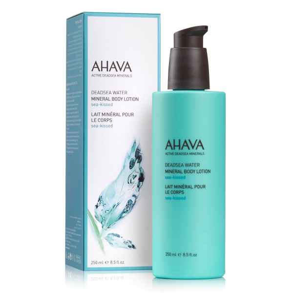 AHAVA Dead Sea Water Mineral Body Lotion, 250 ml Flasche und Verpackung, Produktbild.