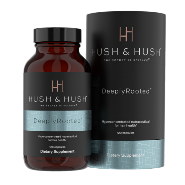 Hush & Hush DeeplyRooted Nahrungsergänzungsmittel für Haarwachstum, 120 Kapseln, in brauner Flasche und schwarzer Verpackung.