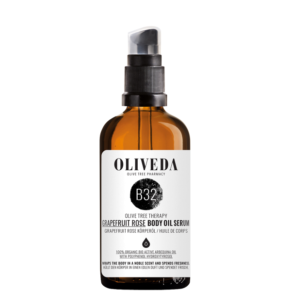 OLIVEDA B32 Grapefruit Rose Body Oil Serum in brauner Glasflasche mit schwarzem Pumpspender, 100 ml.