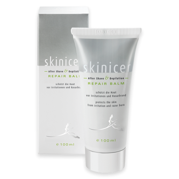 Skinicer After Shave & Depilation Repair Balm, 100 ml Tube und Verpackung, schützt die Haut vor Irritationen und Rasurbrand.