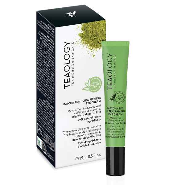 Tealogy Matcha Tea Ultra-Firming Eye Cream, 15ml Tube und Verpackung, grün, mit Matcha-Tee und Hyaluronsäure.