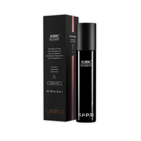 Schwarze Flasche und Verpackung von Sepai Global Recovery Creme, 35 ml, auf weißem Hintergrund.