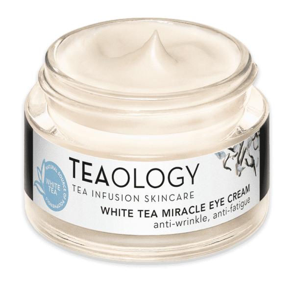 TEAOLOGY White Tea Miracle Eye Cream, Anti-Falten, Anti-Müdigkeit, 50ml Glasbehälter mit weißer Creme.
