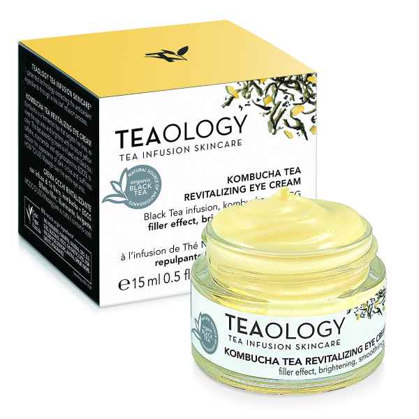 TEAOLOGY Kombucha Tea Revitalizing Eye Cream, 15 ml, in geöffneter Glasdose vor Produktverpackung.