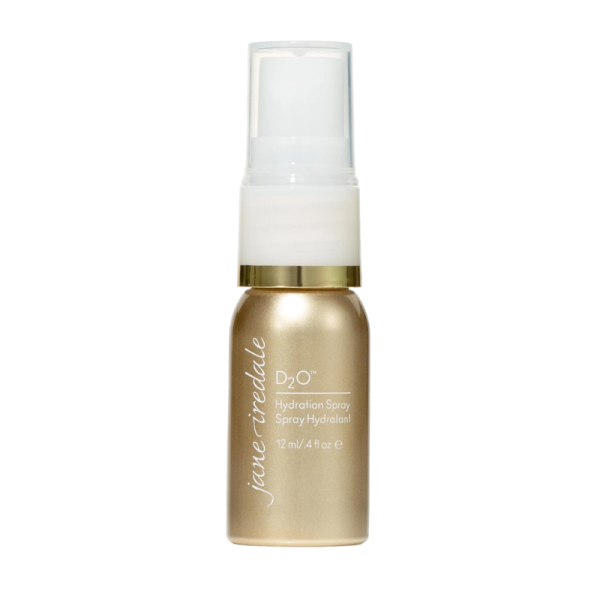 Jane Iredale D2O Hydration Spray Mini, 12 ml, goldene Flasche mit weißem Sprühkopf.