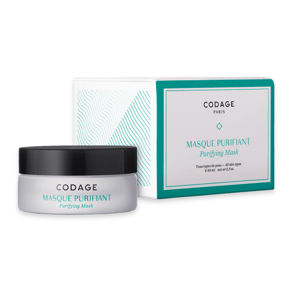 Codage Paris Purifying Mask in weißer Dose und Verpackung mit türkisfarbenem Rand.