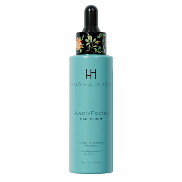 HUSH & HUSH DeeplyRooted Hair Serum, 60 ml, zellregenerierende Behandlung in türkisfarbener Flasche mit schwarzem Tropfverschluss.