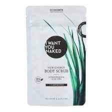 Verpackung von 'I Want You Naked' New Energy Body Scrub mit Aloe Vera und Bambus.