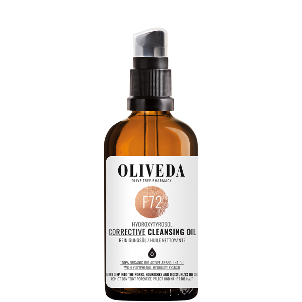 OLIVEDA F72 Corrective Cleansing Oil, 100 ml, braune Glasflasche mit Pumpspender, weißes Etikett mit schwarzer Schrift.