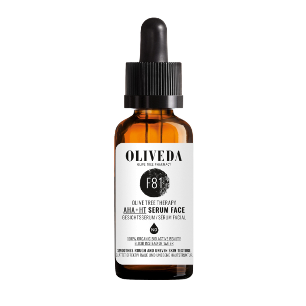OLIVEDA F81 AHA-HT Serum in brauner Flasche mit Pipette, weißes Etikett mit schwarzem Text.