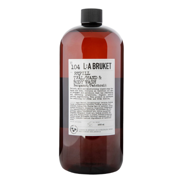 L:A BRUKET No. 104 Hand- und Körperwaschmittel Bergamot/Patchouli Nachfüllflasche, 1000 ml, braune Flasche mit Etikett.
