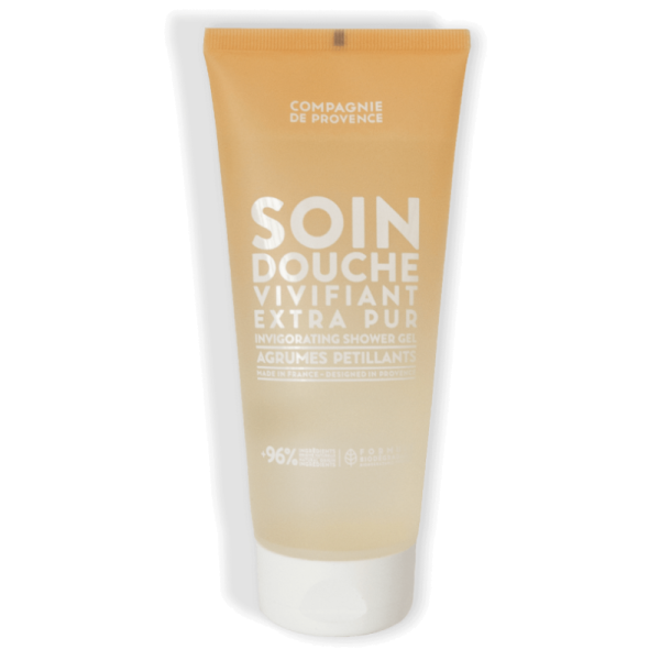 Bild eines 200ml Duschgels mit der Aufschrift 'Soin Douche Vivifiant Extra Pur' und 'Sparkling Citrus' von Compagnie de Provence.