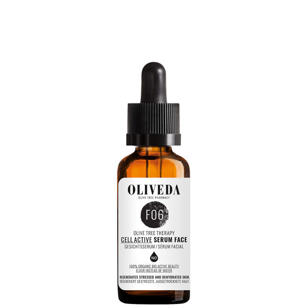 OLIVEDA F06 Gesichtsserum 30ml in brauner Glasflasche mit Pipette und weißem Etikett.