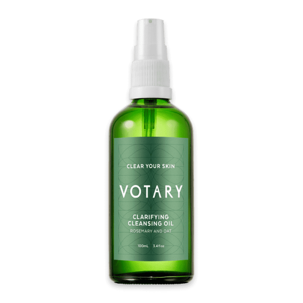 Grüne Flasche Votary Clarifying Cleansing Oil mit Sprühkopf, 100 ml, Rosmarin und Hafer.