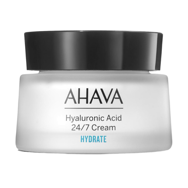 AHAVA Hyaluronic Acid 24/7 Cream in einem weißen Tiegel mit schwarzem Deckel, Produkt zur Hautpflege.