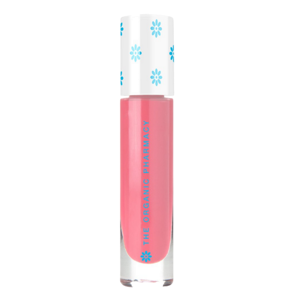 THE ORGANIC PHARMACY Sheer Glow Liquid Blush in Pink, 10 ml Flasche mit weißem Deckel und blauen Blumen.