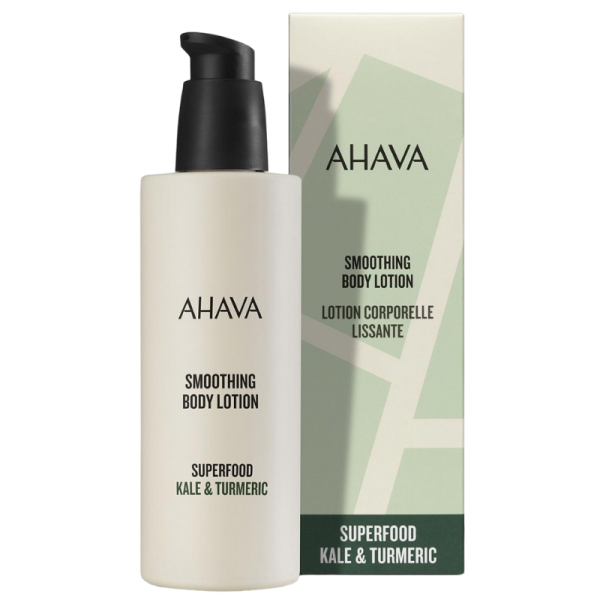 AHAVA Superfood Kale & Turmeric Smoothing Body Lotion vor Verpackung.