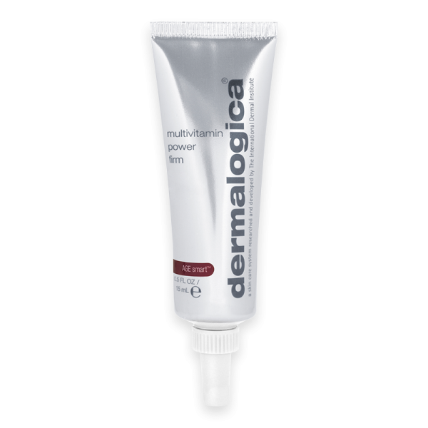 Dermalogica MultiVitamin Power Firm Tube, 15 ml, silberne Verpackung mit rotem und schwarzem Text.