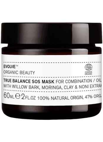 Evolve Organic Beauty True Balance SOS Maske für Mischhaut/ölige Haut, 60ml, mit Weidenrinde, Moringa, Ton und Noni-Extrakt.