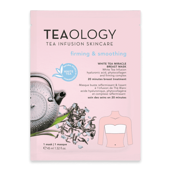 Teebeutel-Verpackung von Teaology White Tea Miracle Breast Mask, festigend und glättend, 45 ml.