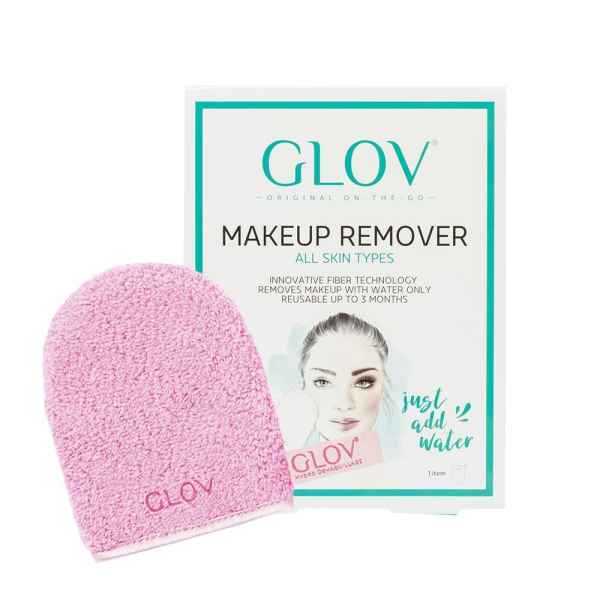 GLOV Make-up-Entferner für alle Hauttypen, rosa Faserhandschuh und Verpackung mit Produktinformationen.