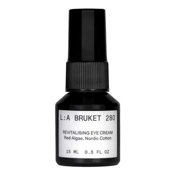 Schwarze Flasche L:A Bruket 280 Revitalising Eye Cream, 15 ml, mit roter Alge und nordischer Baumwolle.