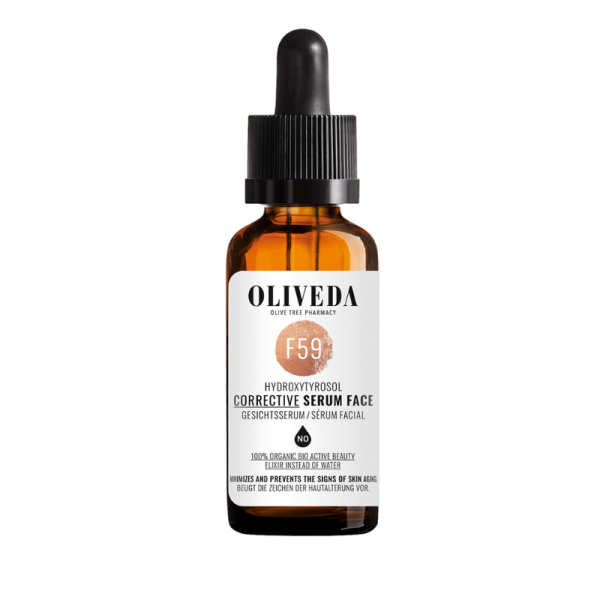OLIVEDA F59 Corrective Serum Face Hydroxytyrosol in brauner Glasflasche mit Pipette, 30 ml.