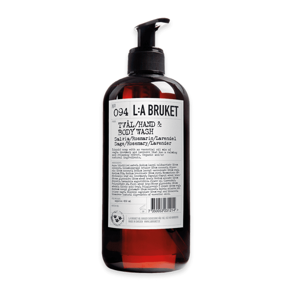 L:A Bruket No. 094 Hand- und Körperwaschmittel, Salbei, Rosmarin, Lavendel, 450 ml, schwarze Flasche mit Spender.