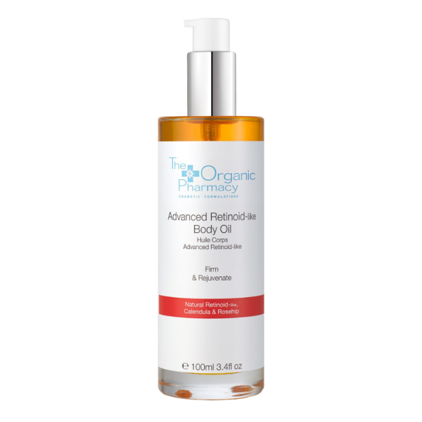 Flasche mit The Organic Pharmacy Advanced Retinoid-like Body Oil, 100ml, zur Straffung und Verjüngung der Haut.