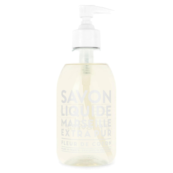 Flasche flüssige Marseille-Seife, 300 ml, Duft Baumwollblüte, mit Pumpspender.