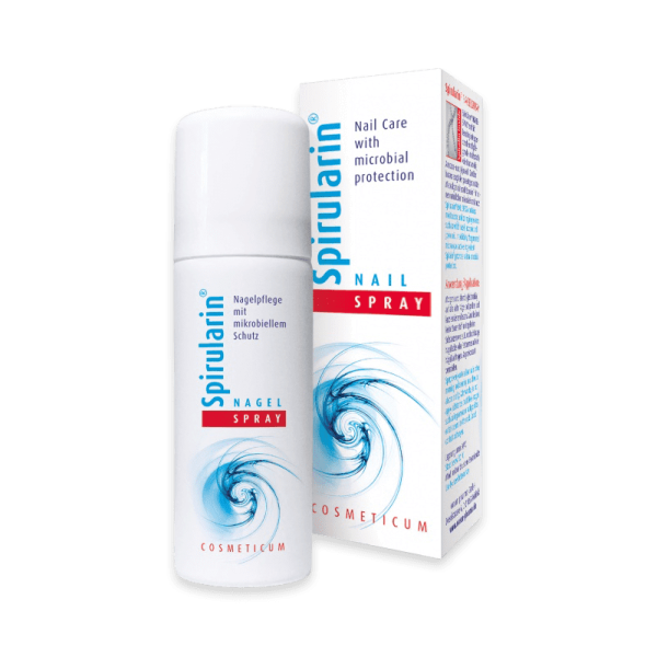 Spirularin Nagelspray von Ocean Pharma, Flasche und Verpackung, Nagelpflege mit mikrobiellem Schutz.