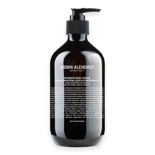 Schwarze Flasche Grown Alchemist Intensive Body Cream 500mL mit Spender, weiße Schrift auf der Vorderseite.